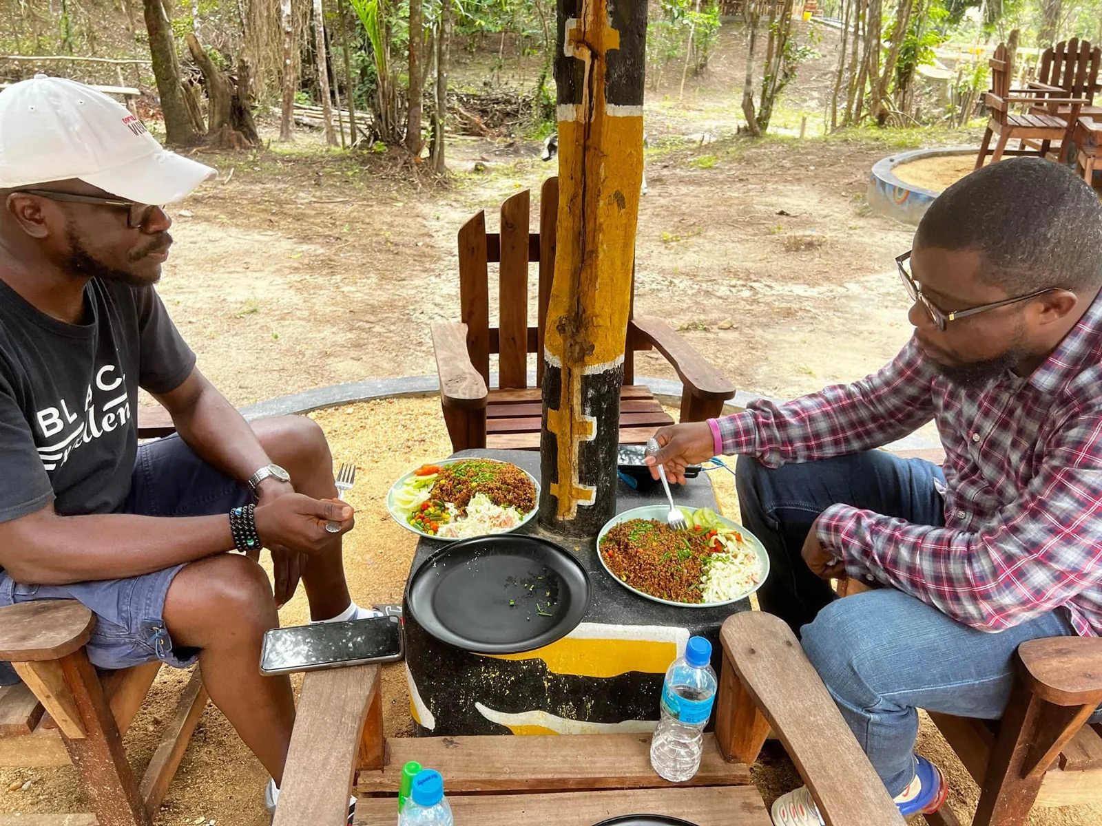 Visitors sharing a meal outdoors
