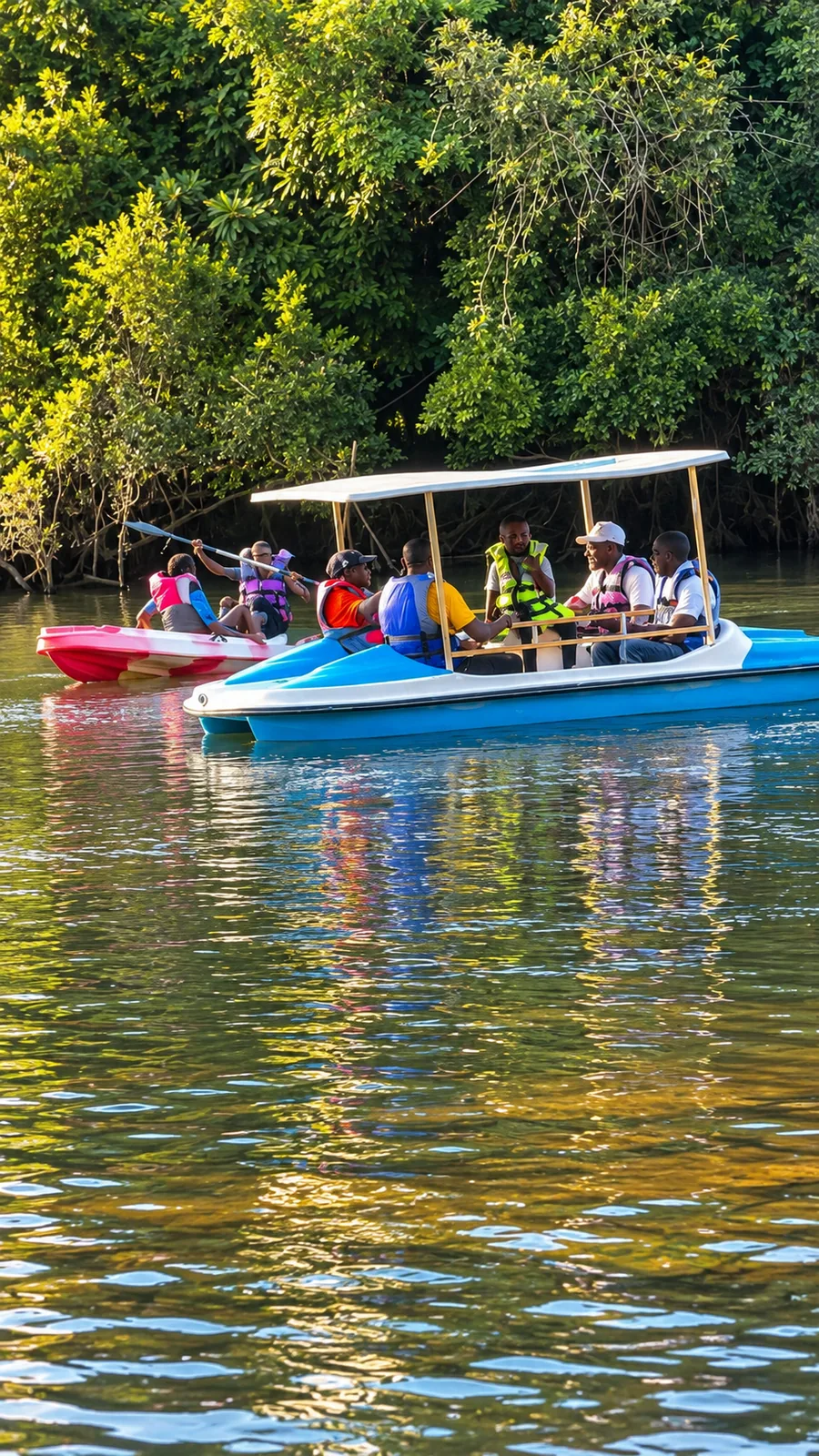 Visitors enjoying a covered boat ride and kayaking on the river