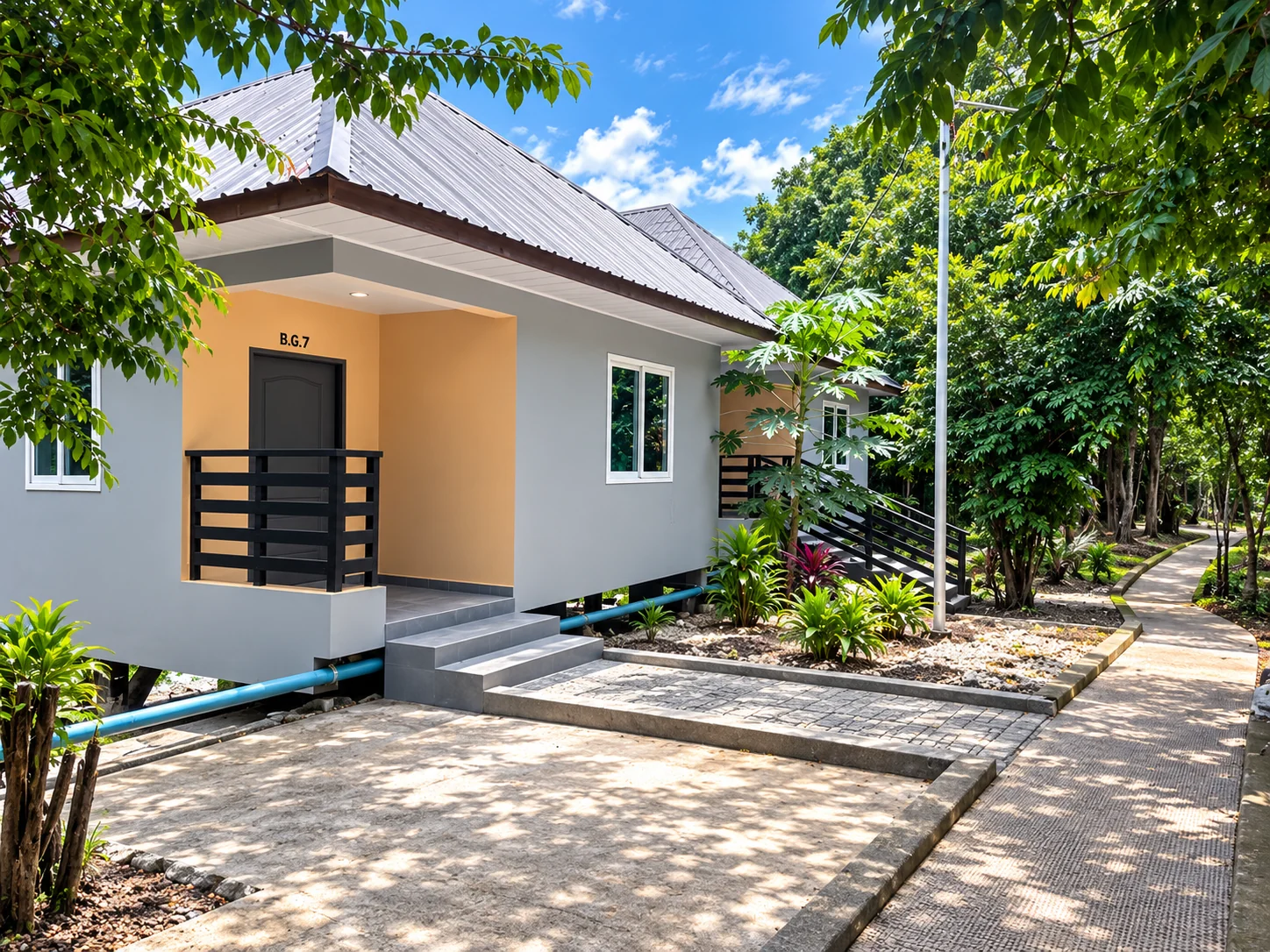 Garden room exterior with landscaped surroundings